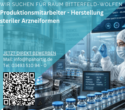 Produktionsmitarbeiter (m/w/d) - Herstellung steriler Arzneiformen für den Raum Bitterfeld- Wolfen 