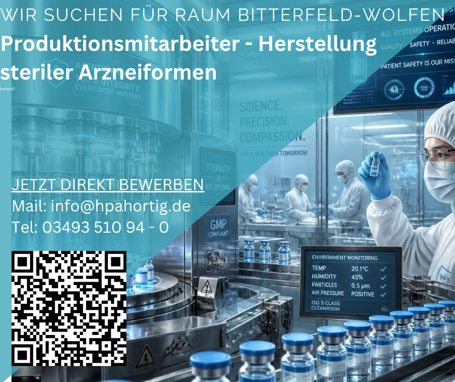 Produktionsmitarbeiter (m/w/d) - Herstellung steriler Arzneiformen für den Raum Bitterfeld- Wolfen 